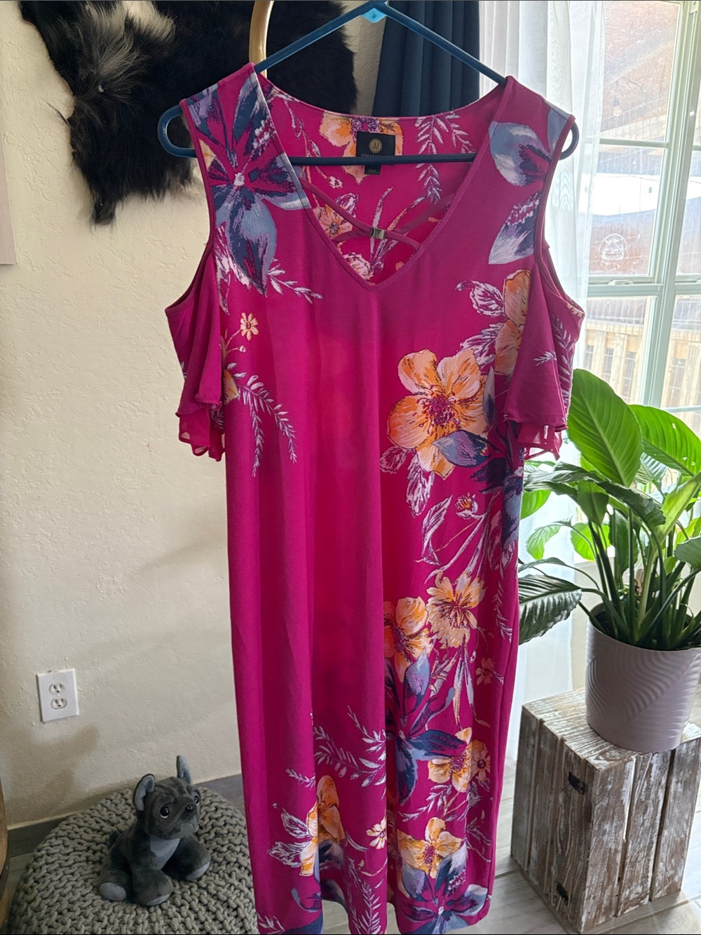 JM Collection Fuchsia Cold-Shoulder Floral Midi Dress